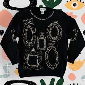 Western Connection | Vintage Black Knit Beaded Picture Frame Pattern Sweater